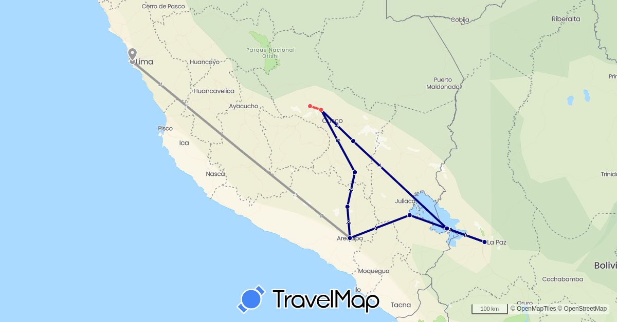 TravelMap itinerary: driving, plane, hiking in Bolivia, Peru (South America)